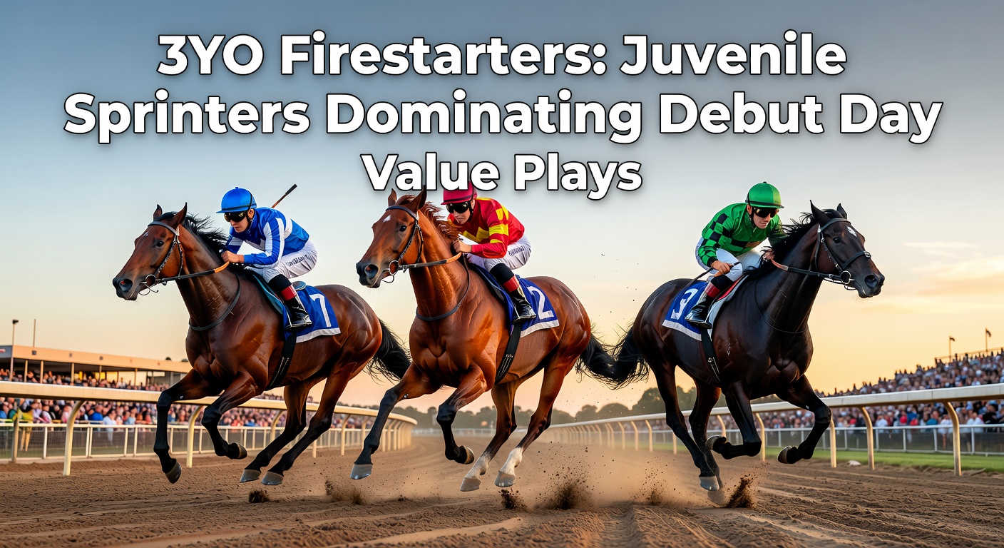 A young 3-year-old thoroughbred sprinter bursting from the gate on debut day, muscles rippling under a clear sky at a bustling racetrack