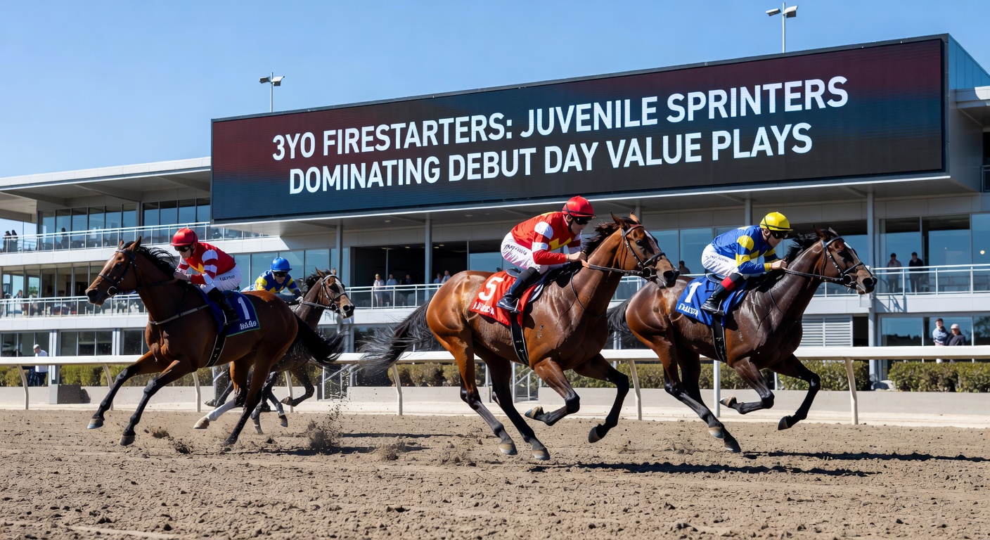 Close-up of a 3YO sprinter crossing the finish line first on debut, crowd cheering in the background amid spring turf conditions