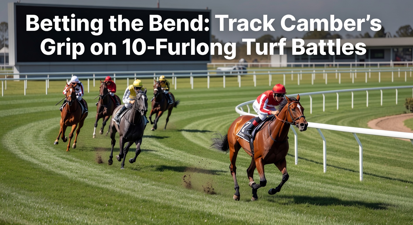 Racehorses leaning into a sharply cambered turf bend during a intense 10-furlong battle, highlighting the grip advantage on the rail