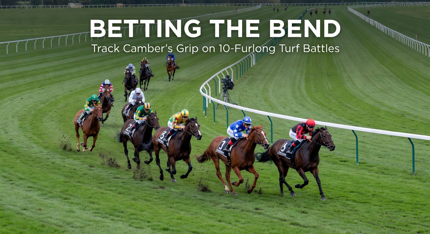 Close-up of a field bunching tightly on a cambered bend in a 10-furlong turf handicap, with the rail horse pulling clear