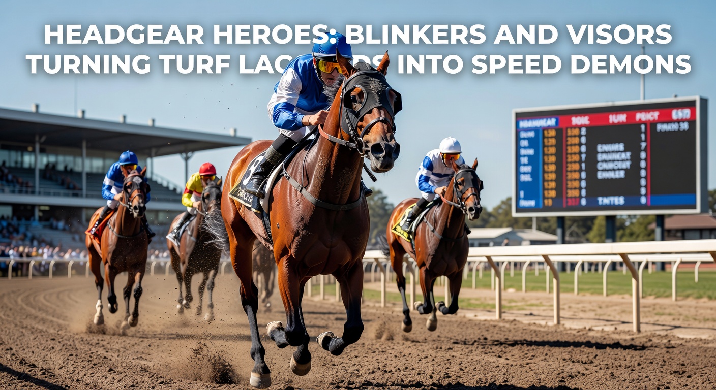 A thoroughbred horse charging down the turf with blinkers fitted, eyes laser-focused ahead amid a pack of competitors