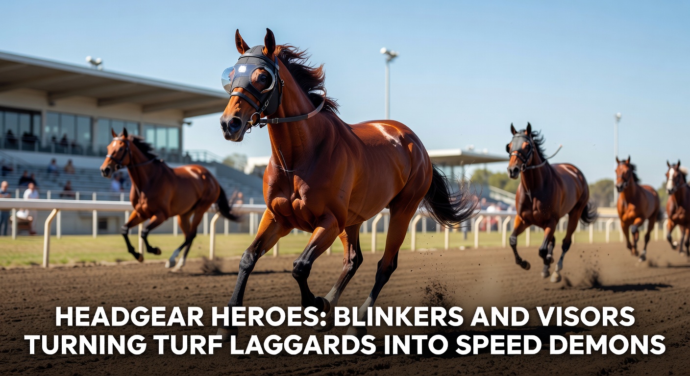 Close-up of a jockey adjusting visors on a restless horse in the paddock before a turf sprint, crowd blurred in the background
