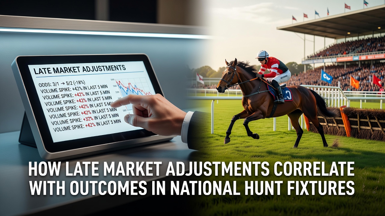 National Hunt race in progress showing horses approaching a fence with betting boards in background