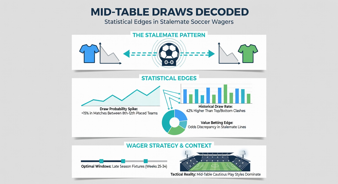 Infographic illustrating draw probability models for mid-table teams, with overlaid league averages and historical examples