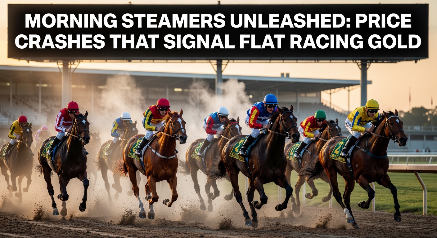 A dramatic chart showing morning odds shortening on a flat racing favorite, with green arrows indicating price crashes from dawn declarations