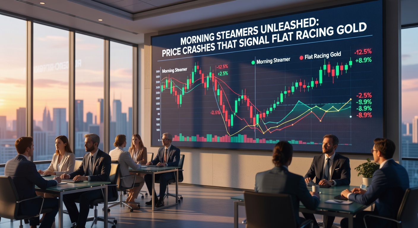 Close-up of a bookmaker's screen displaying rapid odds compression on a morning steamer during a flat racing ante-post market, with timestamps from 6 AM to 10 AM