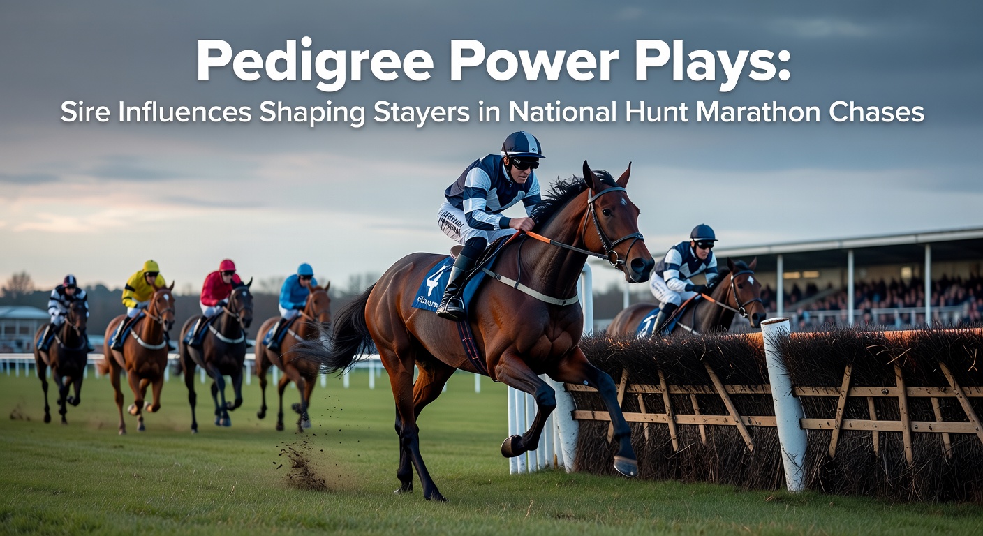 A majestic stallion galloping through a misty National Hunt course, embodying the stamina required for marathon chases over extended distances