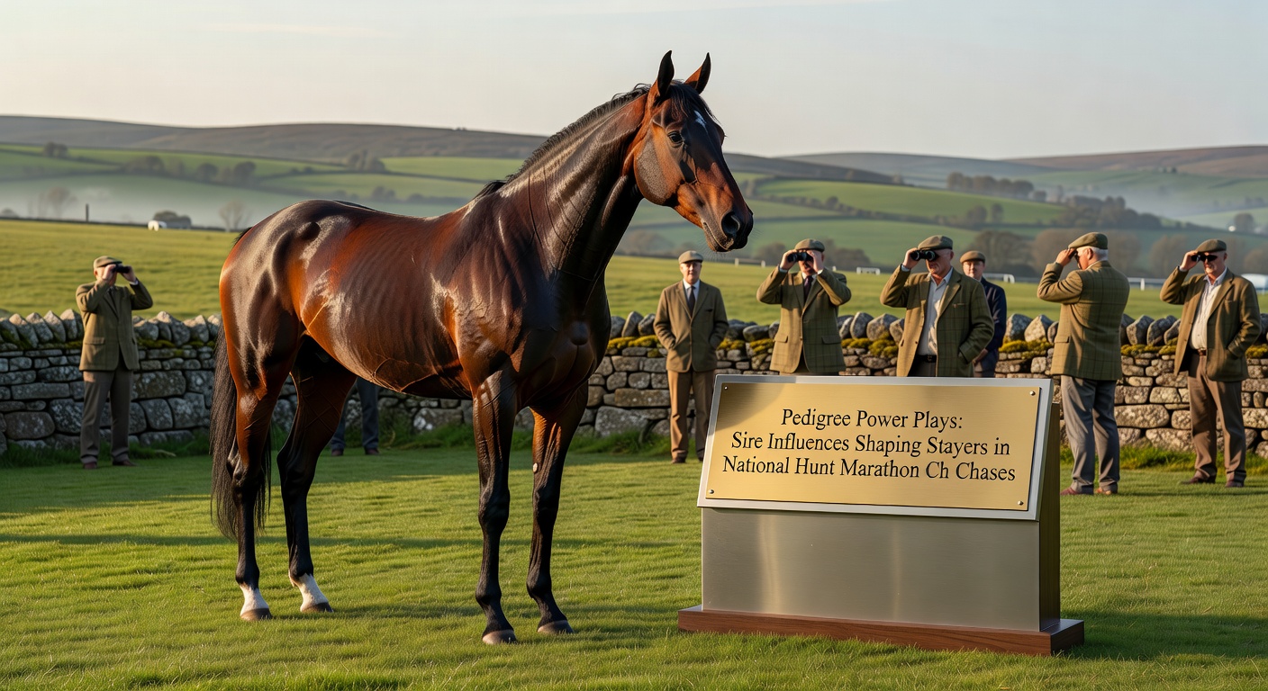 Close-up of a pedigree chart highlighting successful sire-dam crosses for National Hunt stayers, with statistical overlays on win percentages