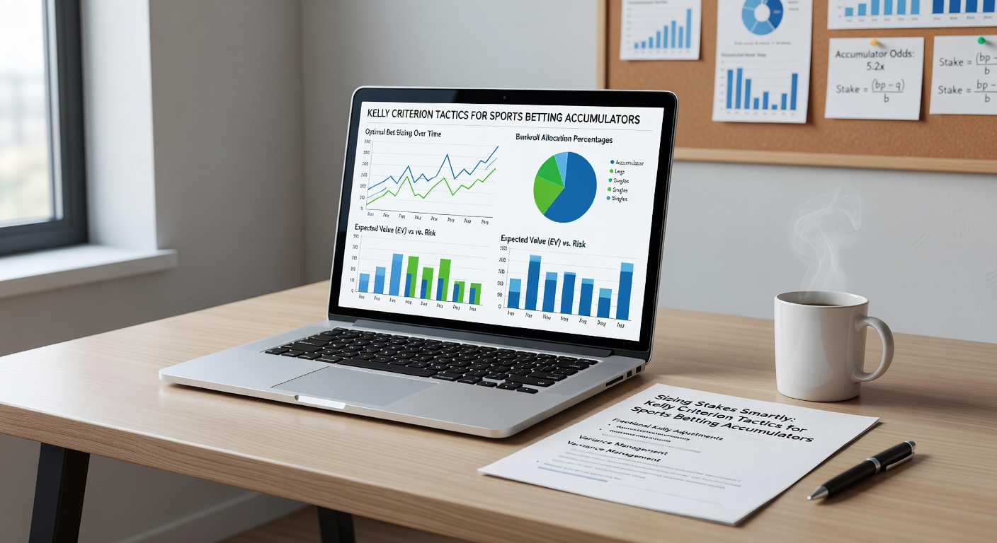 Infographic comparing full Kelly, half Kelly, and flat staking performance on a series of accumulator bets over 200 trials