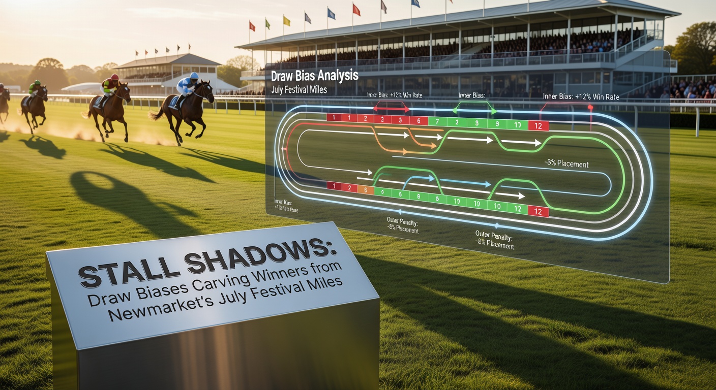 Horses charging down the straight mile at Newmarket's July Festival, with low-numbered stalls hugging the rail