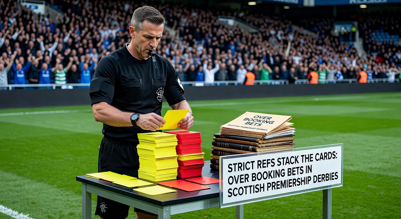 A Scottish Premiership derby match with referee issuing a yellow card amid tense action between rival players