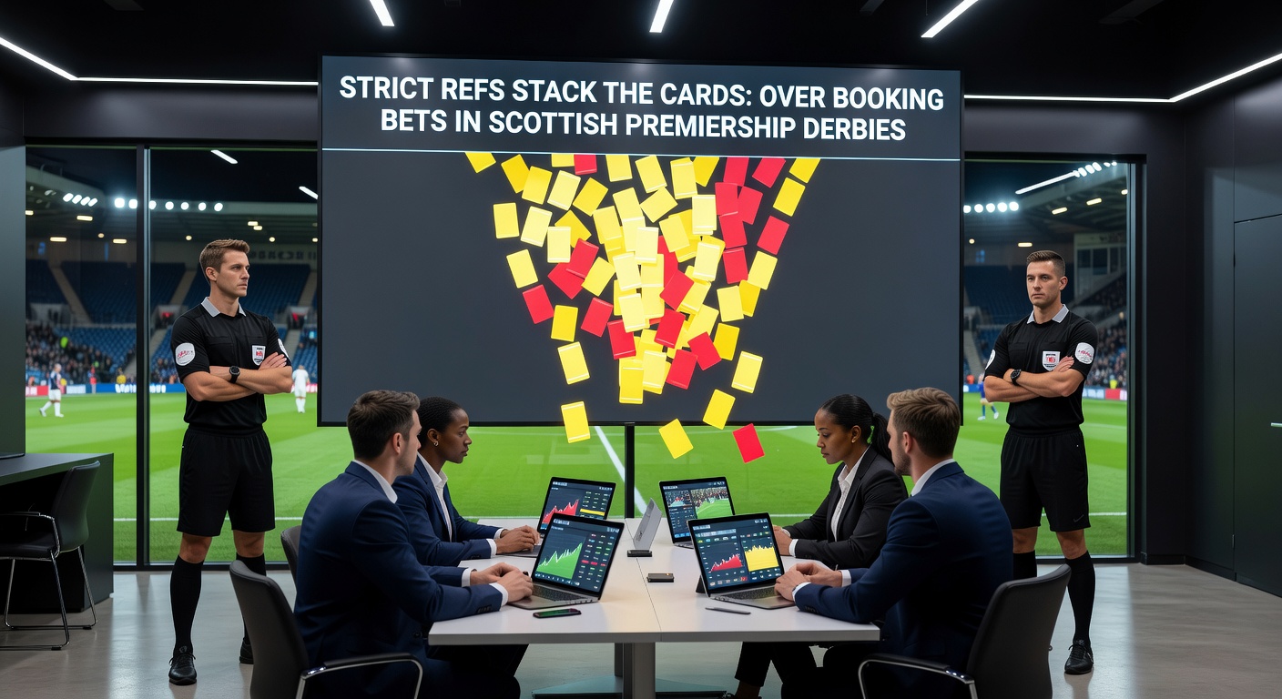 Close-up of a referee brandishing a yellow card during a fiery Scottish Premiership derby confrontation