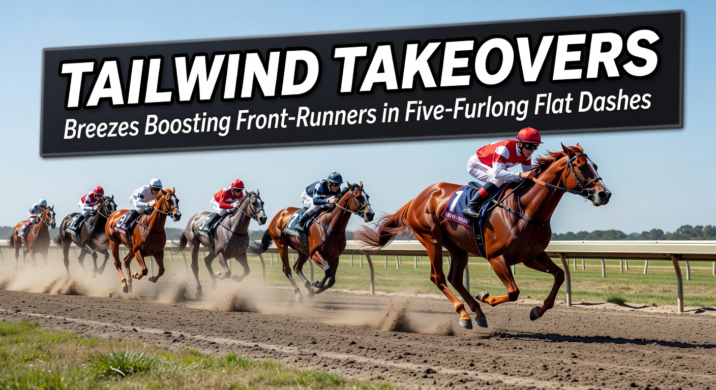 A front-running horse surges ahead in a five-furlong sprint under a strong tailwind at a UK track, mane flowing as it leads the pack