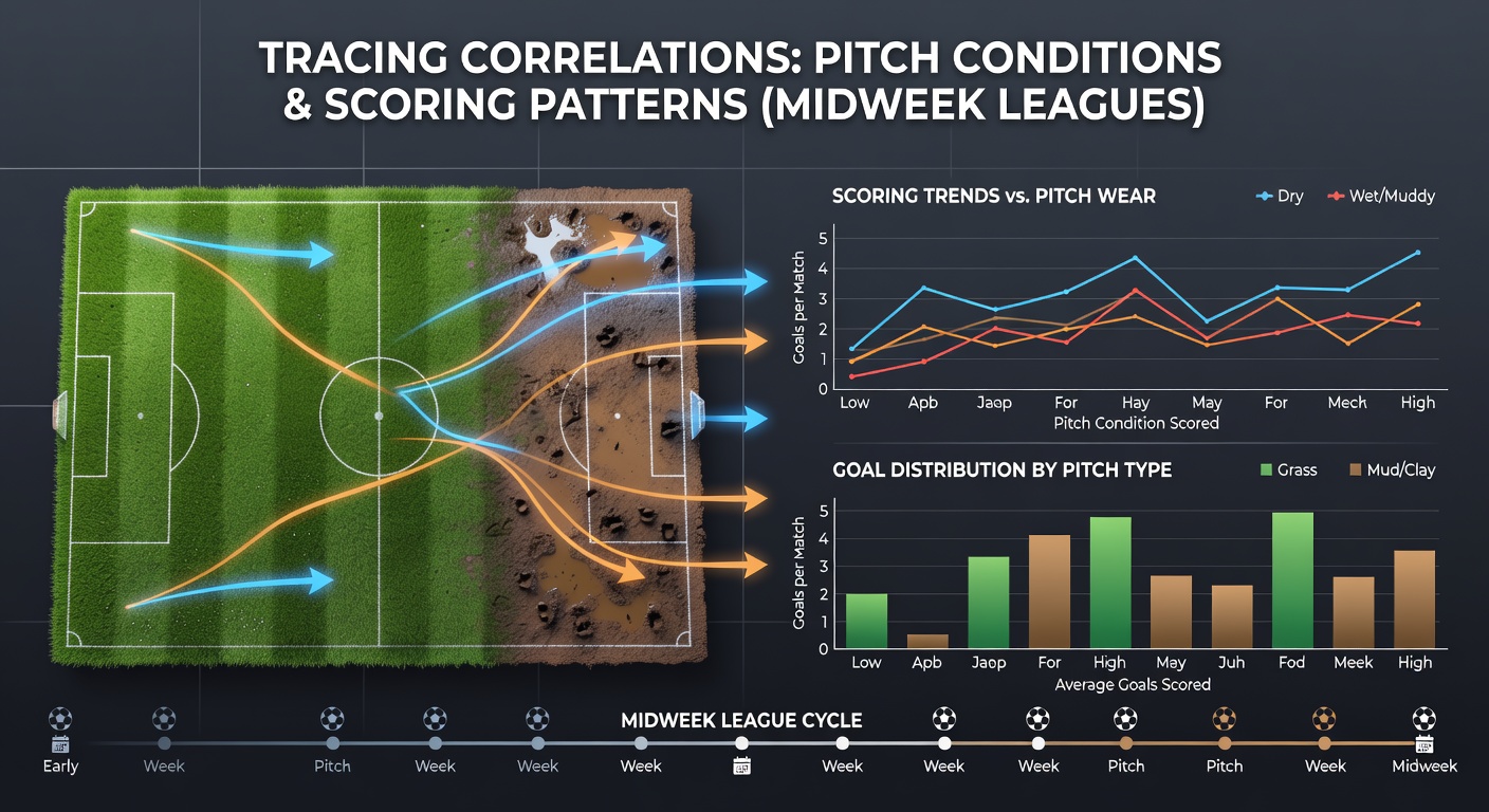 Football pitch showing wet and dry surface variations during a midweek match