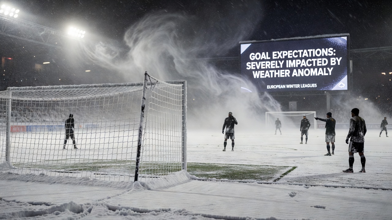 Football pitch under unusual winter weather conditions with rain and wind affecting play during a European league match