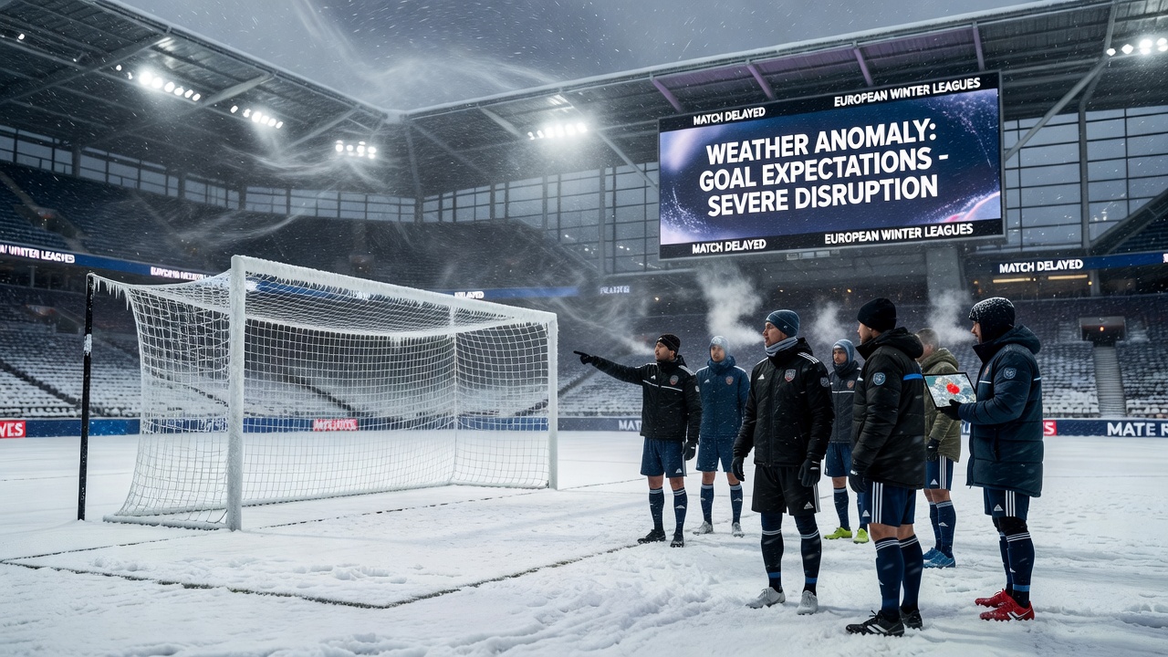 Data visualization showing goal scoring trends correlated with winter weather anomalies in European football leagues